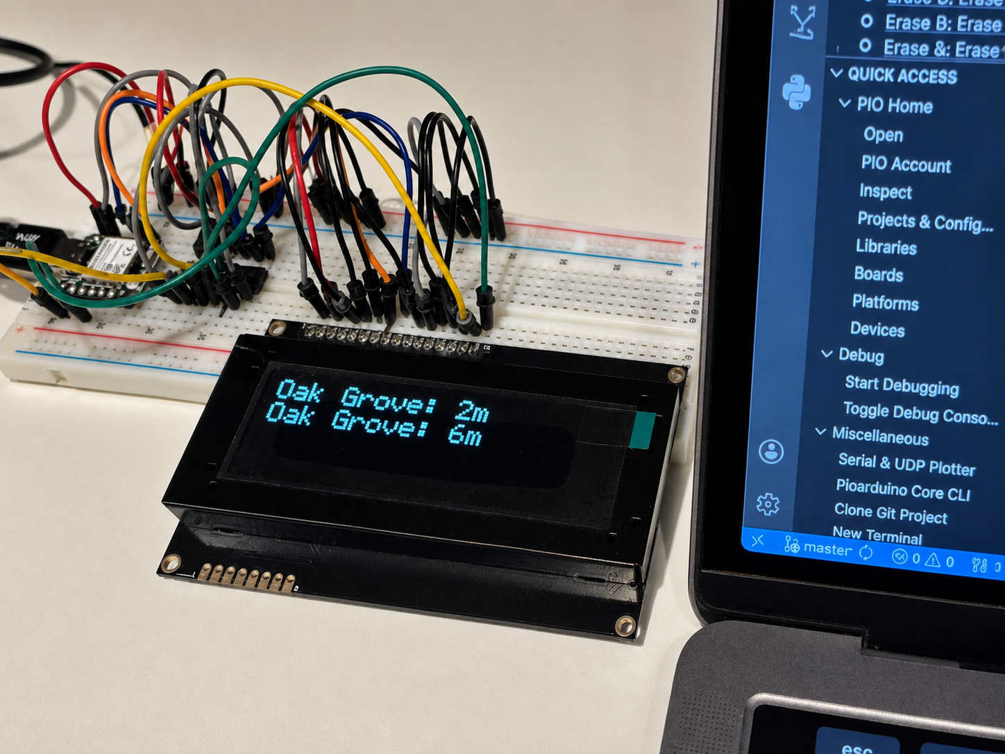 The train arrival display working on a breadboard.